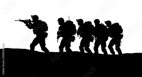 Silhouette of soldiers marching with rifles and backpacks, military formation