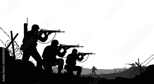 Silhouette Soldiers Aim Rifles Barbed Wire Battlefield Sky