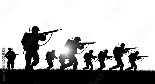 Silhouette soldiers advancing with rifles on white background