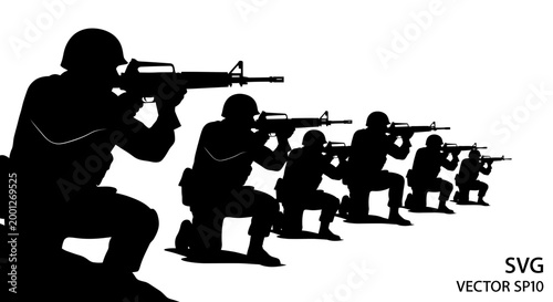 Silhouette Soldiers Advancing with Rifles, Military Formation