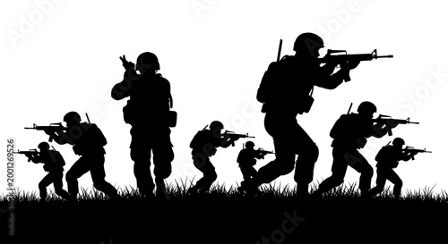 Silhouette Soldiers Advancing with Rifles on Grass