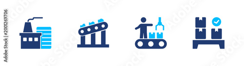 Manufacturing process icon set. factory, production, assembly, industry, system. solid style icon collection.