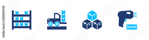 Warehouse operations icon set. storage, logistics, inventory, distribution, management. solid style icon collection.