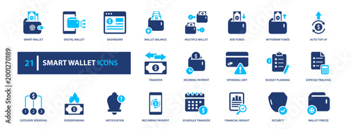Smart wallet icon set. payment, digital, finance, money, transaction. solid style icon collection.