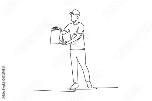 Full length delivery employee work courier service holding craft paper bag. Takeaway and Delivery concept. Single line draw design. Vector graphic illustration