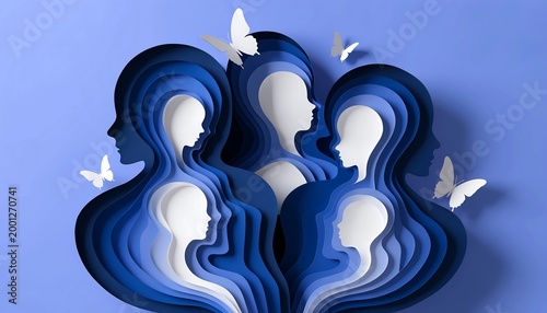 Layered paper art silhouette of women and butterflies in blue tones with artistic illustra