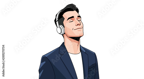 Handsome man in blue blazer wearing wireless headphones and eyes closed enjoying music, vector illustration.