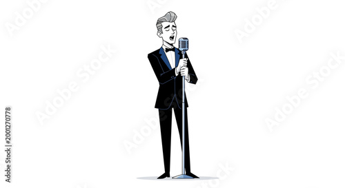 Elegant male jazz singer in tuxedo performing with vintage microphone, cartoon illustration.