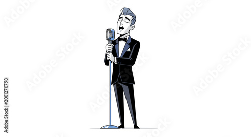 Elegant male jazz singer in tuxedo performing with vintage microphone, cartoon illustration.