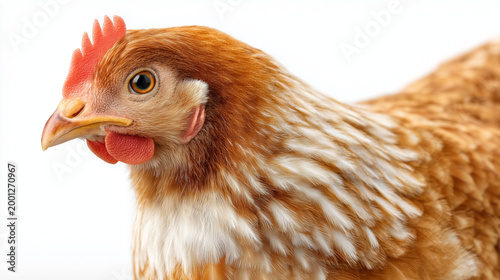 A detailed close-up portrait of a brown hen with a vibrant red comb and wattle, looking left against a clean white background.