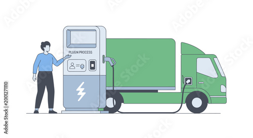 Electric Truck Charging at a Modern Charging Station with a Person