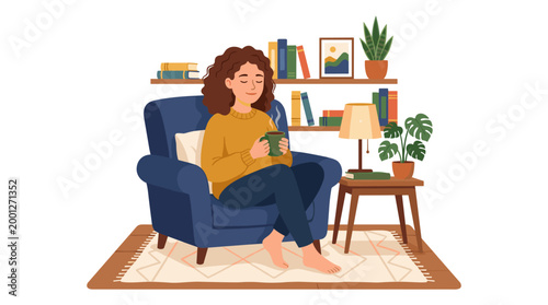 Woman relaxing in armchair with hot drink by bookshelf