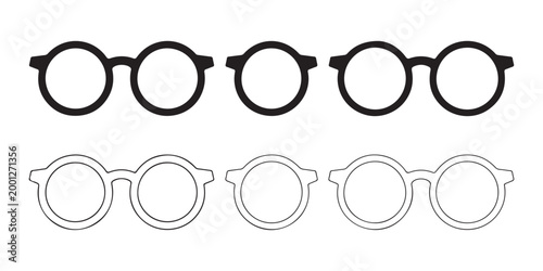 Set of round eye glasses frames isolated on transparent background thin and thick black outlines eyewear accessory.