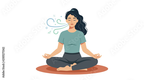 Woman practicing mindful breathing exercise meditation
