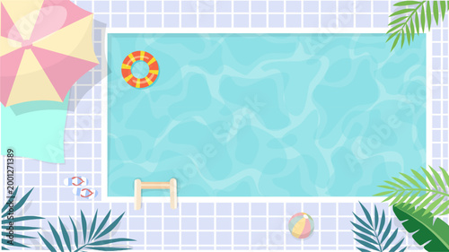 Top view of a swimming pool with turquoise water, a lifebuoy, and a beach umbrella. Flat vector illustration of a summer poolside with palm leaves. Refreshing summer holiday background