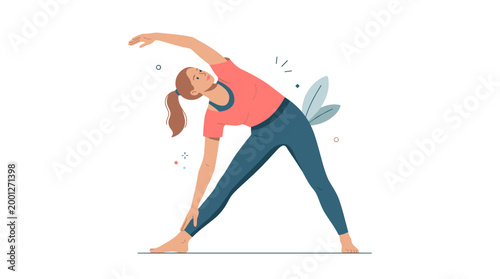 Woman stretching in triangle pose, performing yoga exercise