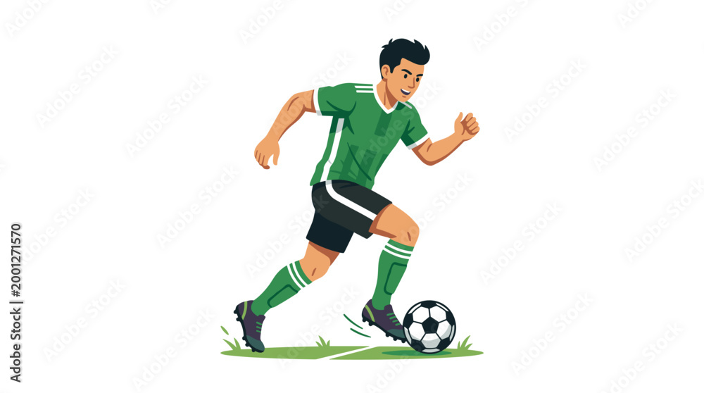 Fototapeta premium Man in green jersey dribbling soccer ball on field