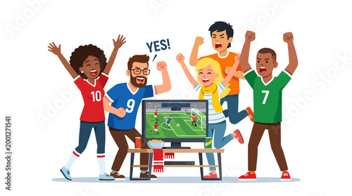 Group of diverse friends excitedly watching soccer game