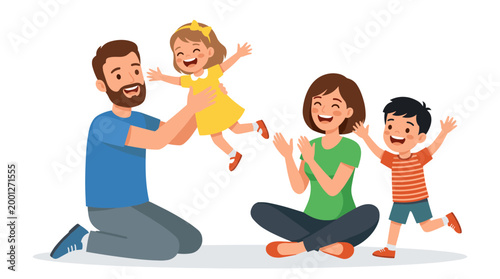 Happy family playing together, father lifting daughter, mother and son cheer