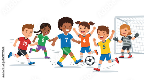 Children playing soccer match on grass field, diverse team celebrating