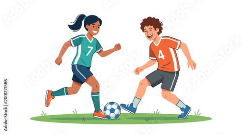 Two diverse people playing soccer on a grassy field