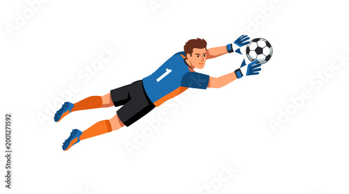 Soccer goalkeeper diving to catch ball, modern flat illustration