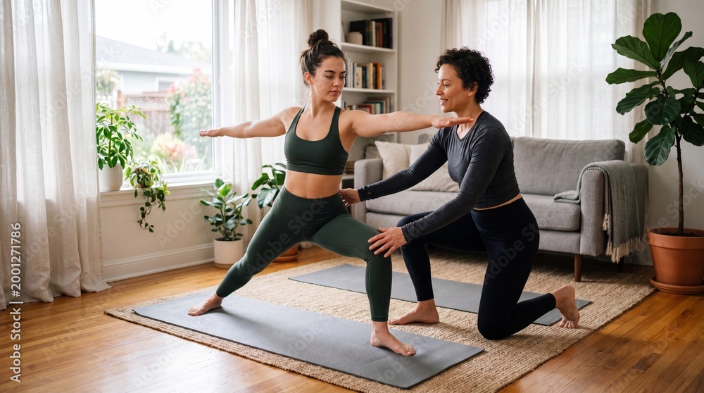 Fototapeta premium Guiding Yoga: A certified yoga instructor guides a student in a pose within a serene indoor setting, emphasizing wellness and mindful movement.
