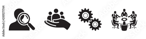 Business iconography set featuring human resource search gear machine parts and roundtable team meeting.