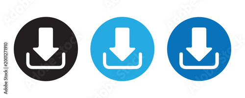 Set of black and blue download icons in circular shapes, featuring a downward arrow pointing into a horizontal line.