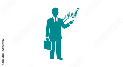 Businessman holding briefcase and pointing upwards.