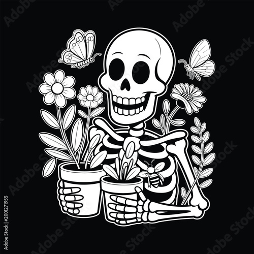 Happy skeleton gardening with flowers butterflies and bee illustration.