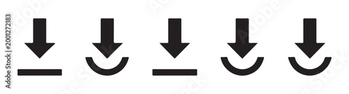 Set of five black download icons, featuring a downward arrow pointing into a line or a rounded line.
