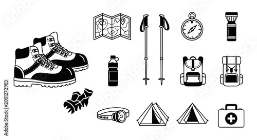 Hiking gear and equipment icons set.