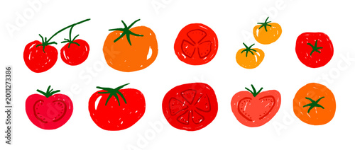 Hand drawn tomato set. Red tomatoes doodle collection. Organic healthy food bundle for restaurant, cooking recipe. Italian fresh farm vegetable sketch element pack. Vector illustration
