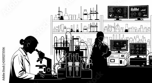 Konstfotografi Scientists working in a modern laboratory with advanced equipment and digital di