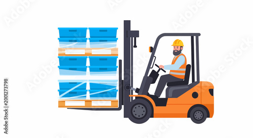Illustration of a man in a hard hat and safety vest operating an orange forklift, moving a stack of blue containers on a wooden pallet.