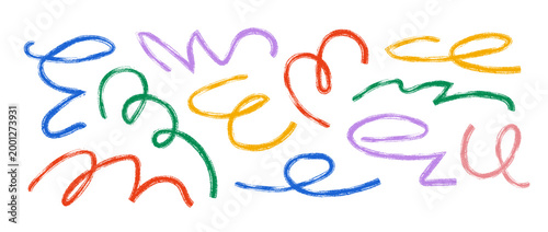 Colorful hand drawn organic line collection. Thin brush stroke squiggle shape set. Vector charcoal chalk serpentine streamers. Crayon curly wave element bundle. Wiggly scribble pack for party poster