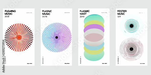 four music festival posters with colorful geometric designs