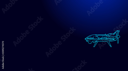 Futuristic drone silhouette rendered with glowing blue interconnected lines, representing advanced technology and aerial surveillance
