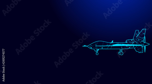A detailed wireframe design of a military surveillance drone constructed with glowing blue digital nodes and connected geometric mesh lines.