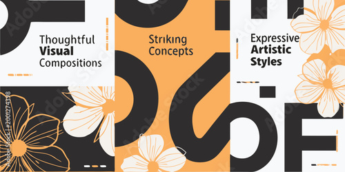 four panel design with floral patterns and bold typography