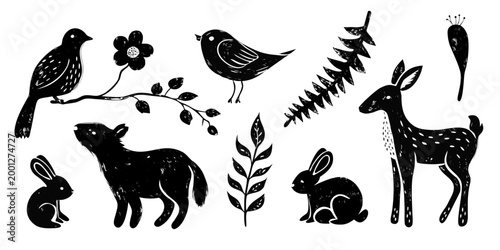 black silhouettes of woodland creatures on white background