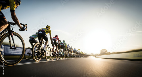 Cinematic Motion Blur of Professional Road Bike Wheels During the Tour de France Cycling Race with Vibrant Gradient Lighting and High Speed Action