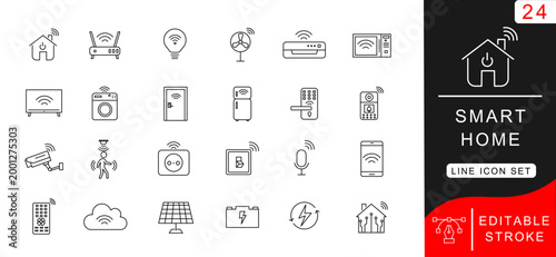 Smart Home IoT Line Icon Set – Home Automation Devices Editable Stroke Vector Collection