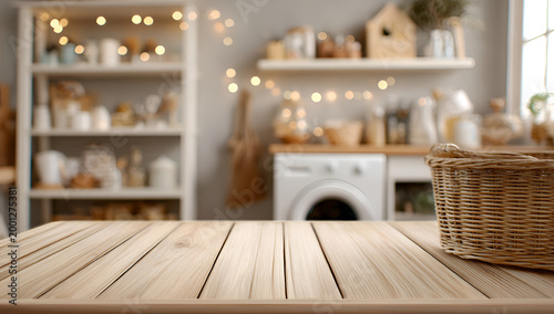 Empty wooden table with blurred laundry room background and basket.