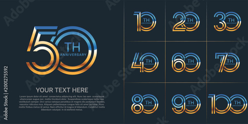 Anniversary set design with double line number. gold and blue color for celebration event