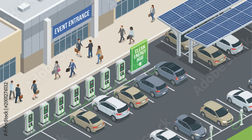 Isometric Electric Vehicle Charging Station with Solar Panel Carport and Business Professionals