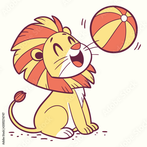 Fotografie Cheerful lion cub playing with striped beach ball.