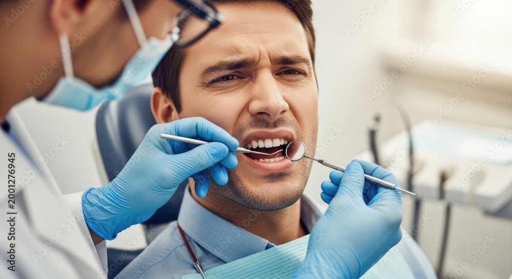 Fototapeta premium An adult male patient grimacing with a painful toothache, enduring significant oral discomfort during a thorough examination by a skilled professional, general oral healthcare concept