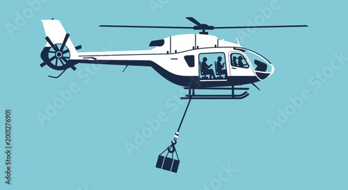 Helicopter Transporting Cargo Load with People Inside, Aerial Delivery Service
